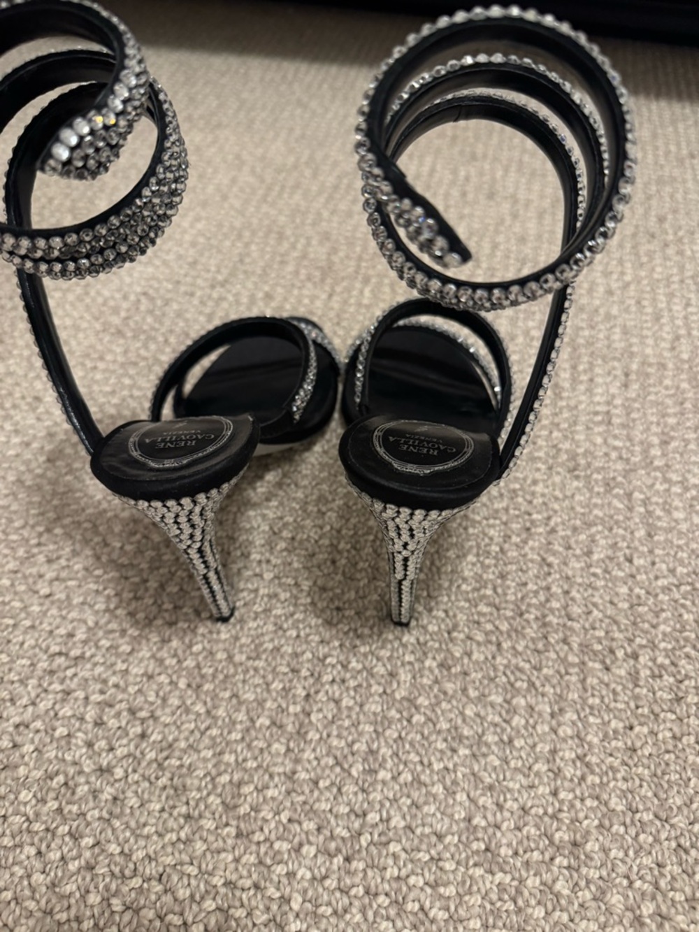 Rene Caovilla Black Crystal Spiral Strap Stilettos